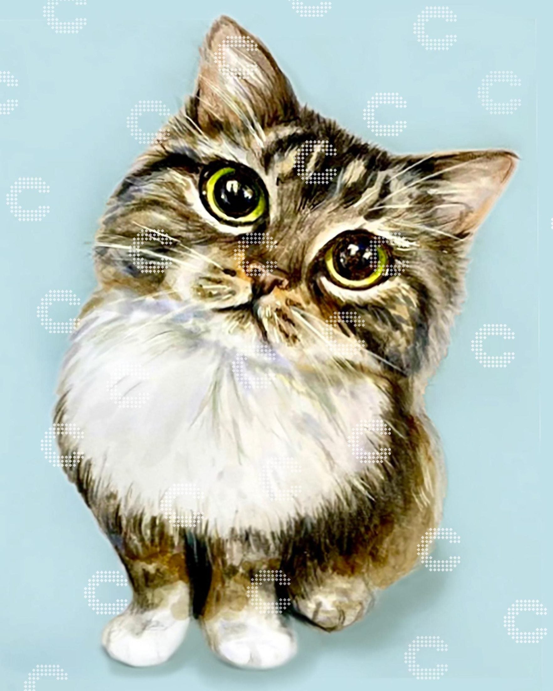 Diamond Painting getigerte Katze mit grünen Augen und neugierigem Blick nach oben