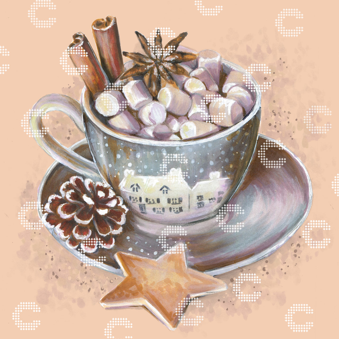 Diamond Painting winterliche Tasse mit Marshmallows, Zimtstangen und Anisstern, dekoriert mit Kiefernzapfen und sternförmigen Plätzchen