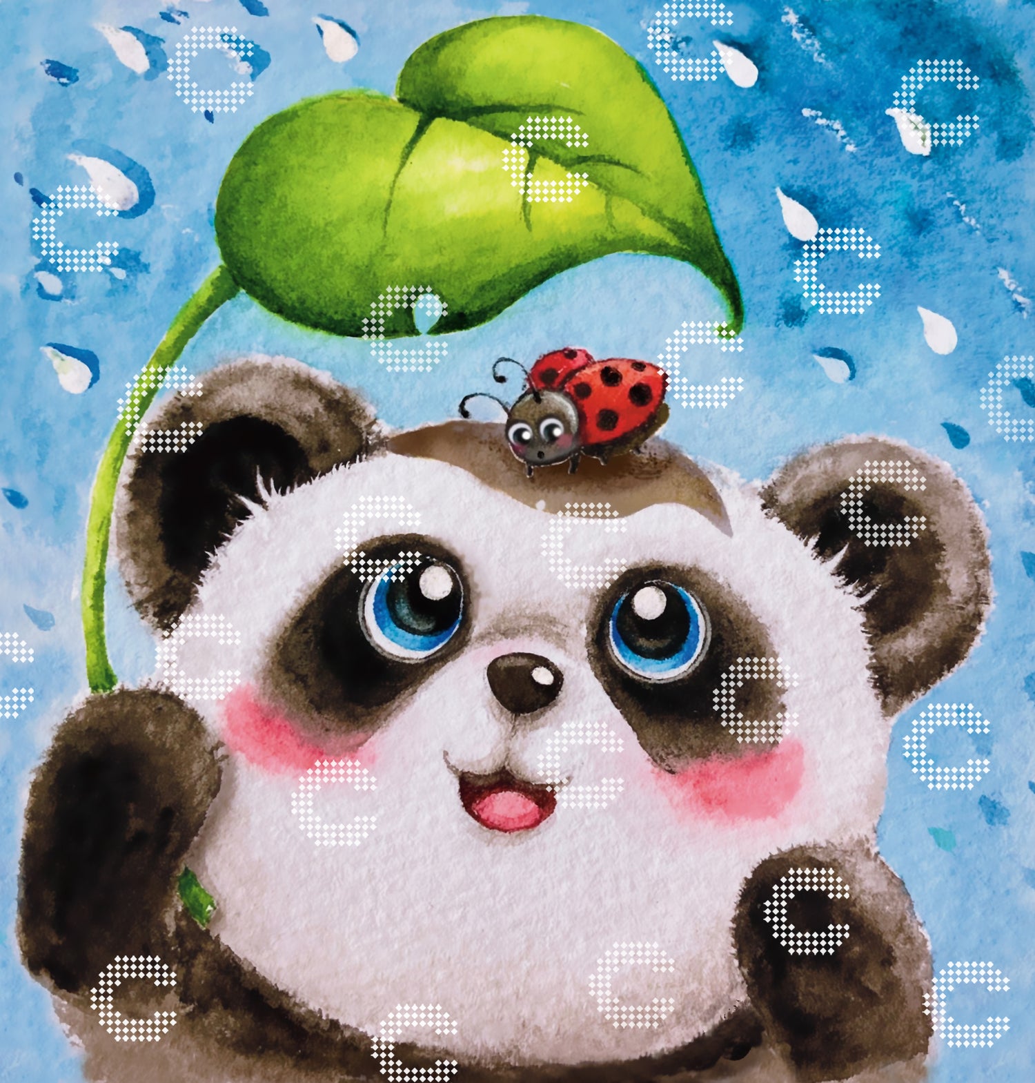 Diamond Painting kleiner Pandabär mit grünem Blatt als Regenschirm und Marienkäfer im Regen