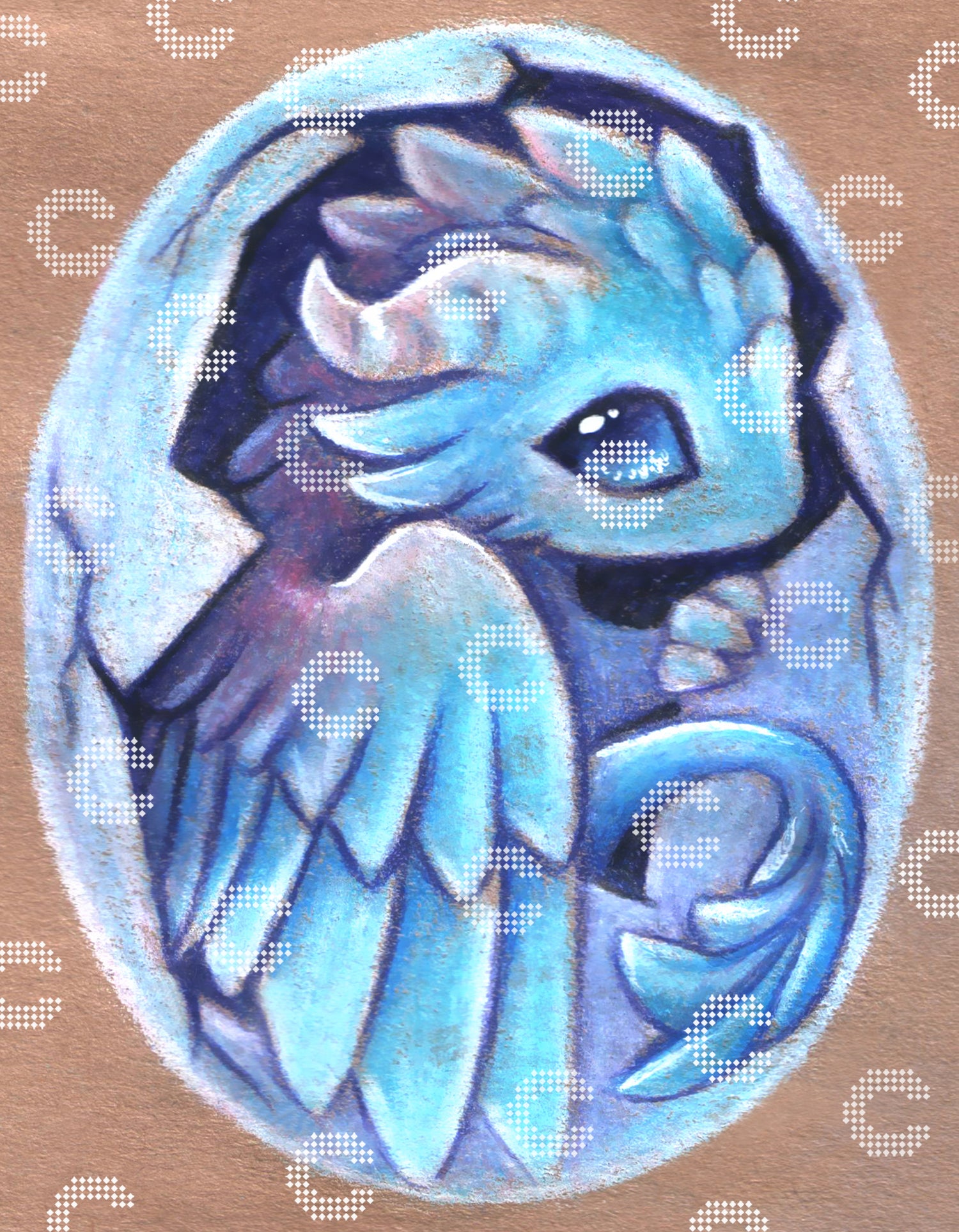 Diamond Painting mit einem kleinen hellblauen Drachen, der gerade aus einem hellblauen Ei schlüpft