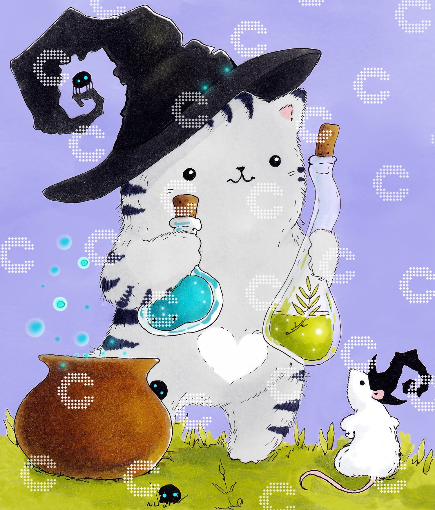 Diamond Painting Original-Bild einer Katze mit Zaubertrank und mystischem Halloween Szenerie