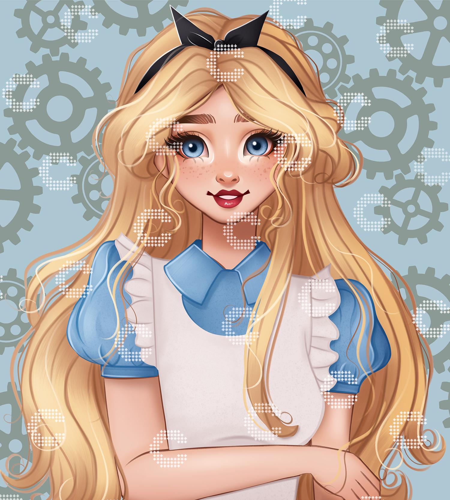 Diamond Painting Alice mit goldenen Locken im Zentrum eines mechanischen Universums, umgeben von zahlreichen Zahnrädern, die sich wie ein fantasievolles Uhrwerk um sie anordnen