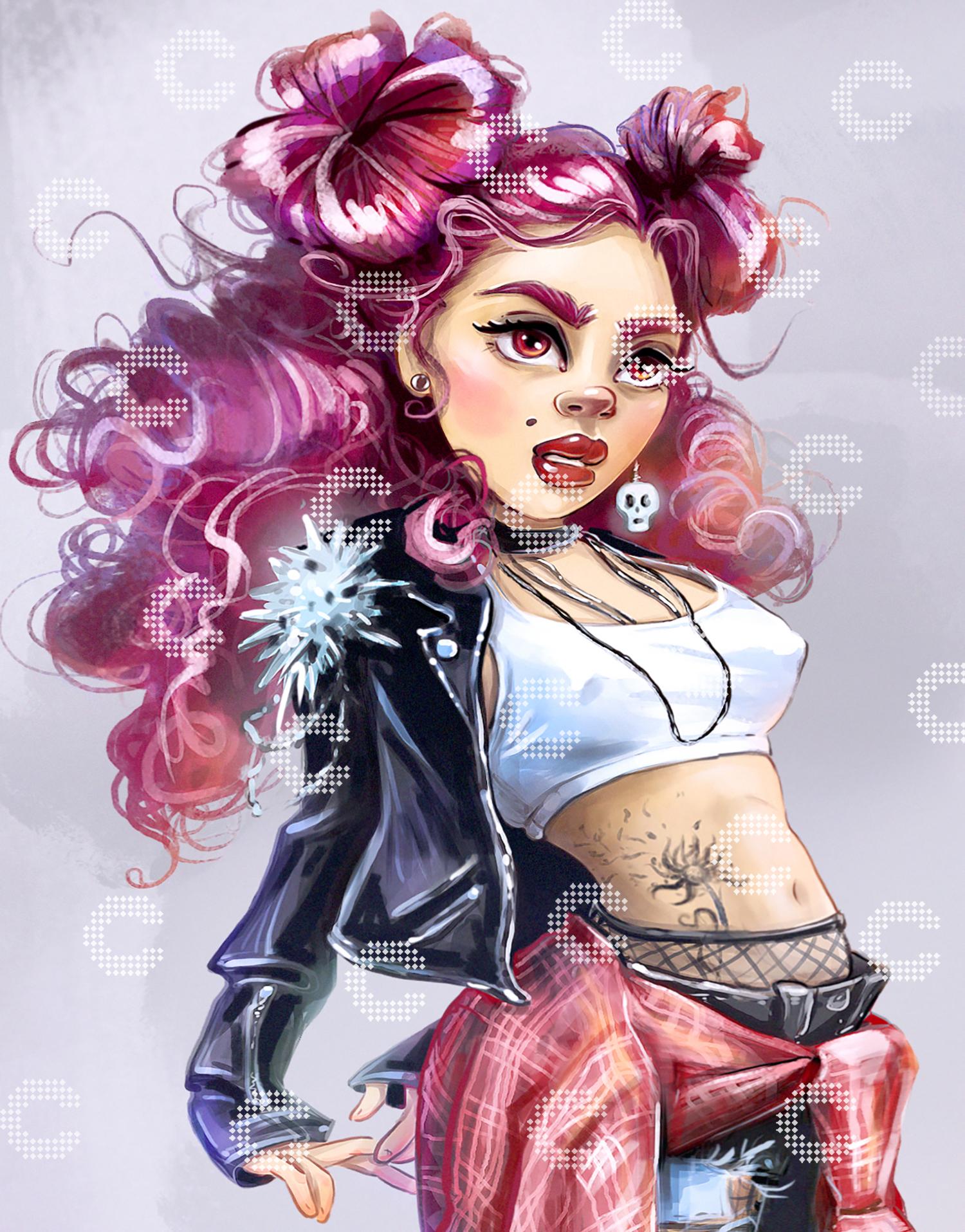 Diamond Painting eines Punk-Girls mit pinkfarbenen Locken, weißem bauchfreiem Top, schwarzer Lederjacke und zerrissener Jeans, mit hinter dem Rücken verschränkten Armen und einem Tattoo auf dem Bauch