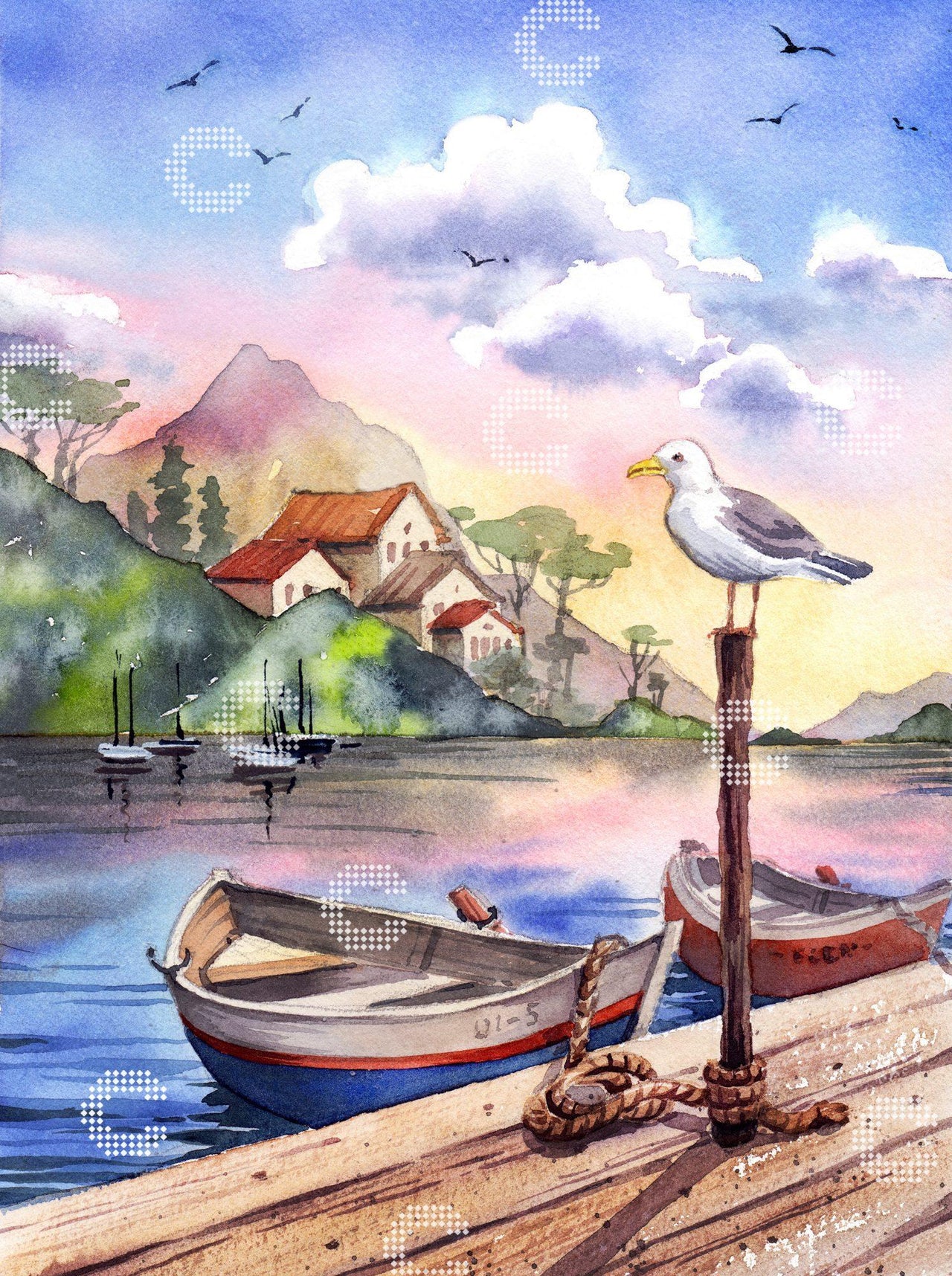 Diamond Painting idyllischer Bergsee im Morgenlicht mit Bootssteg, zwei Booten und einer Möwe, weiteren Vögeln und Wolken am Himmel sowie kleinen Häuschen und Booten am gegenüberliegenden Ufer