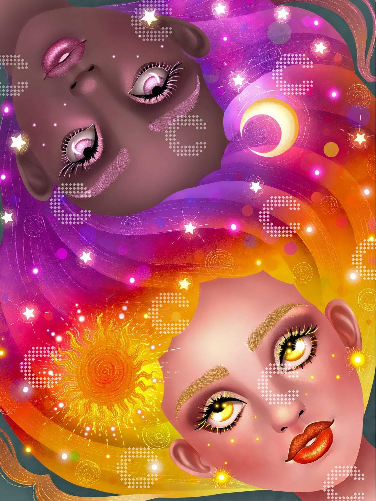 Diamond Painting mit zwei Gesichtern in den Ecken: ein dunkles Gesicht mit lila Haaren, Mondsymbol und Sternen sowie ein helles Gesicht mit gelb-orangenen Haaren und Sonnensymbol, deren Haare ineinander übergehen