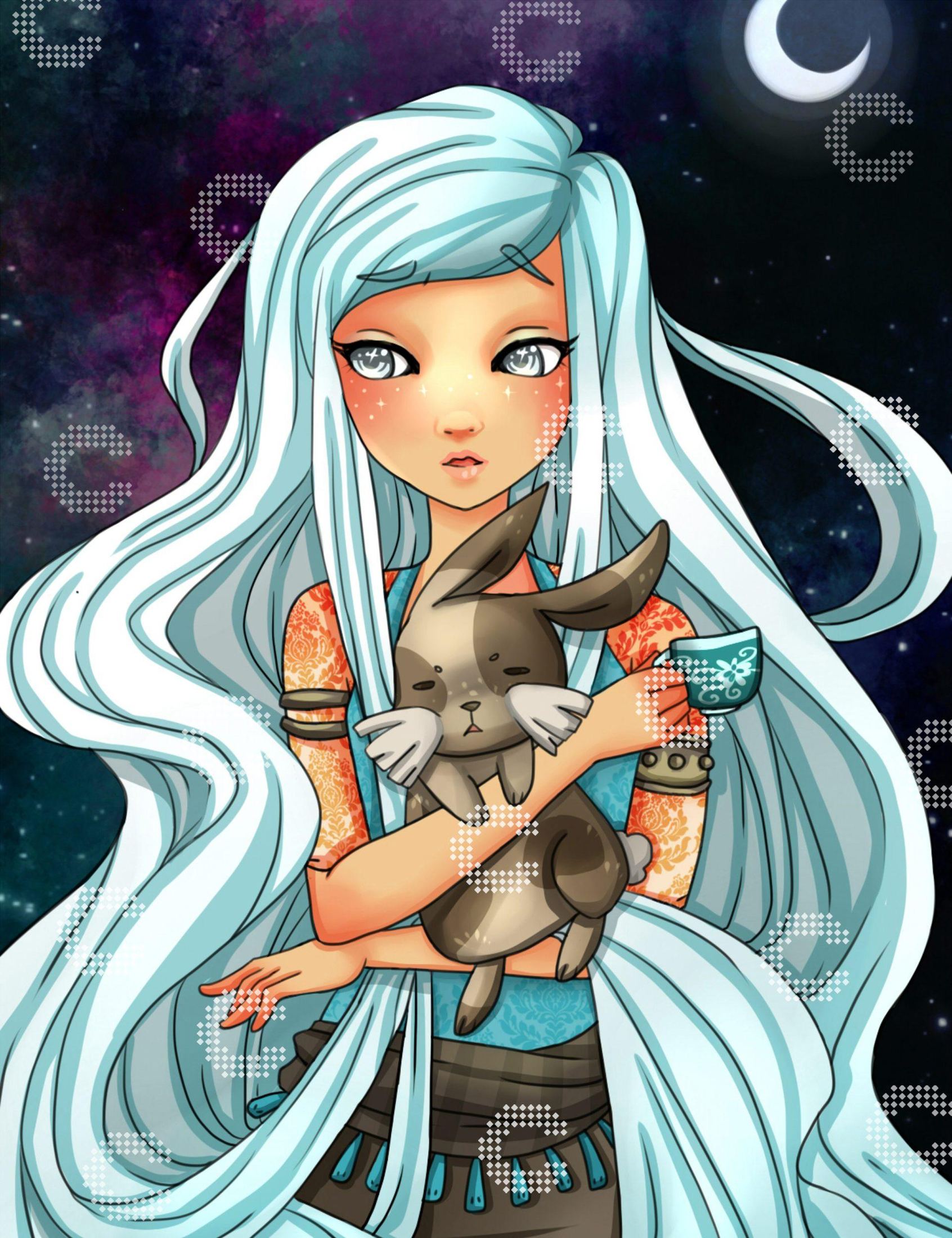 Diamond Painting Mädchen mit langen weiß-blauen Haaren und einer Teetasse in der Hand, mit einem kleinen Hasen im Arm vor einem nächtlichen Himmel mit leuchtendem Halbmond