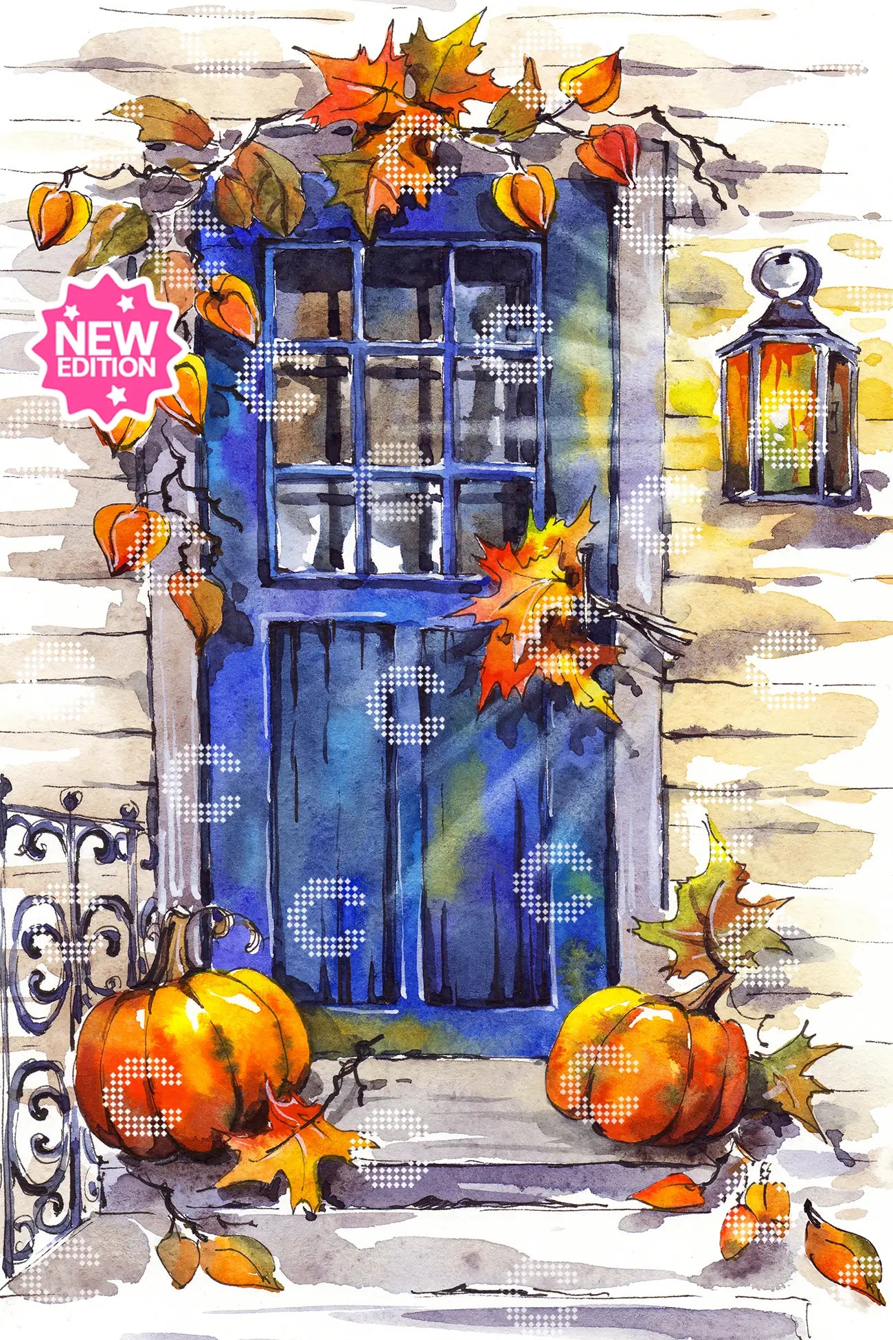 Diamond Painting Herbst Motiv mit blauer Tür und saisonaler Kürbis und Laub Dekoration