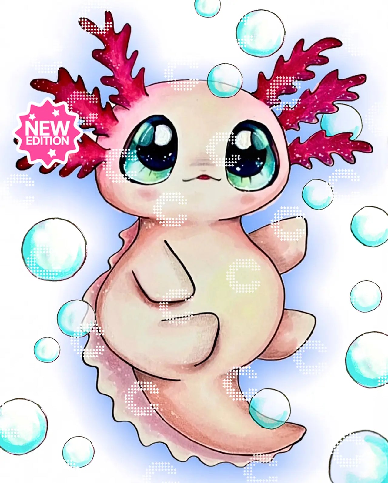 Diamond Painting Original-Kunstwerk eines niedlichen Axolotl mit großen Augen und von schimmernden Luftblasen umgeben