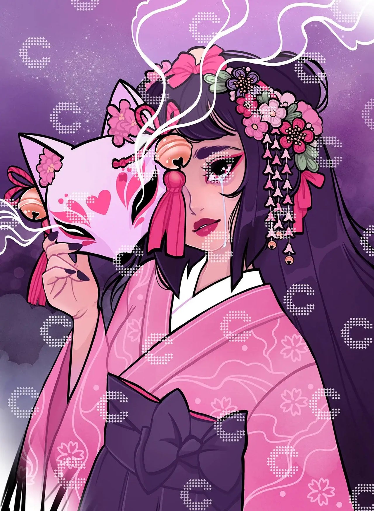 Diamond Painting geheimnisvolles Mädchen im kunstvoll verzierten Kimono mit Fuchsmaske, Tränen und magischen Nebelschwaden als mystisches Anime Motiv