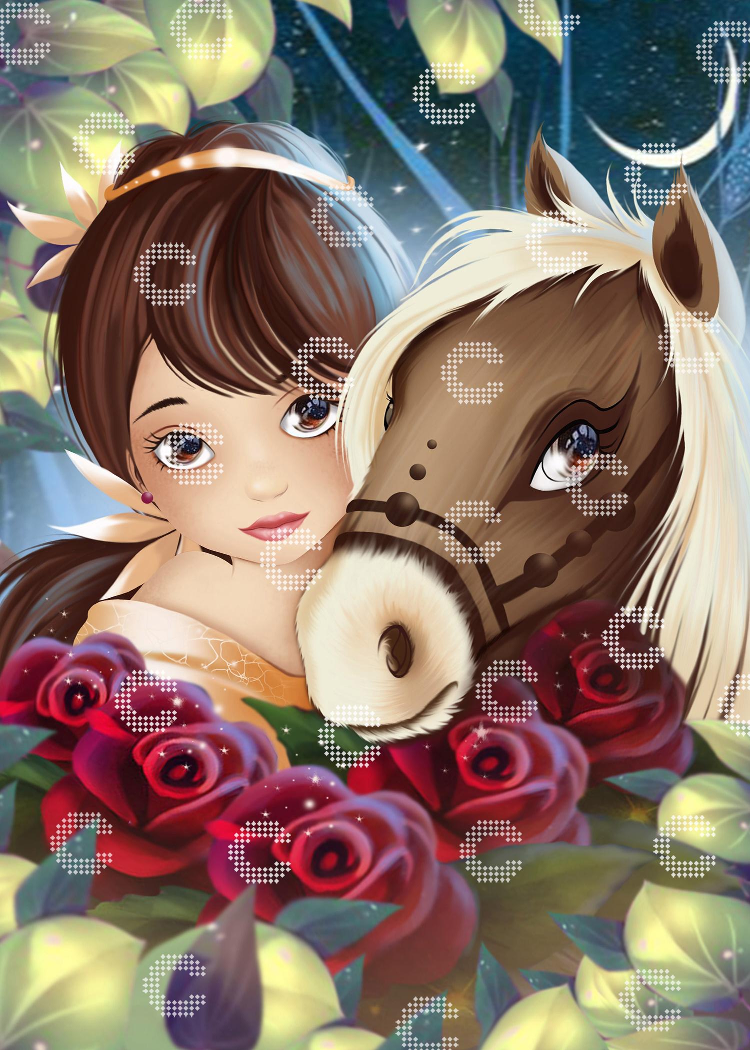 Diamond Painting braunhaariges Mädchen mit Pony und roten Rosen mitten im verwunschenen Wald