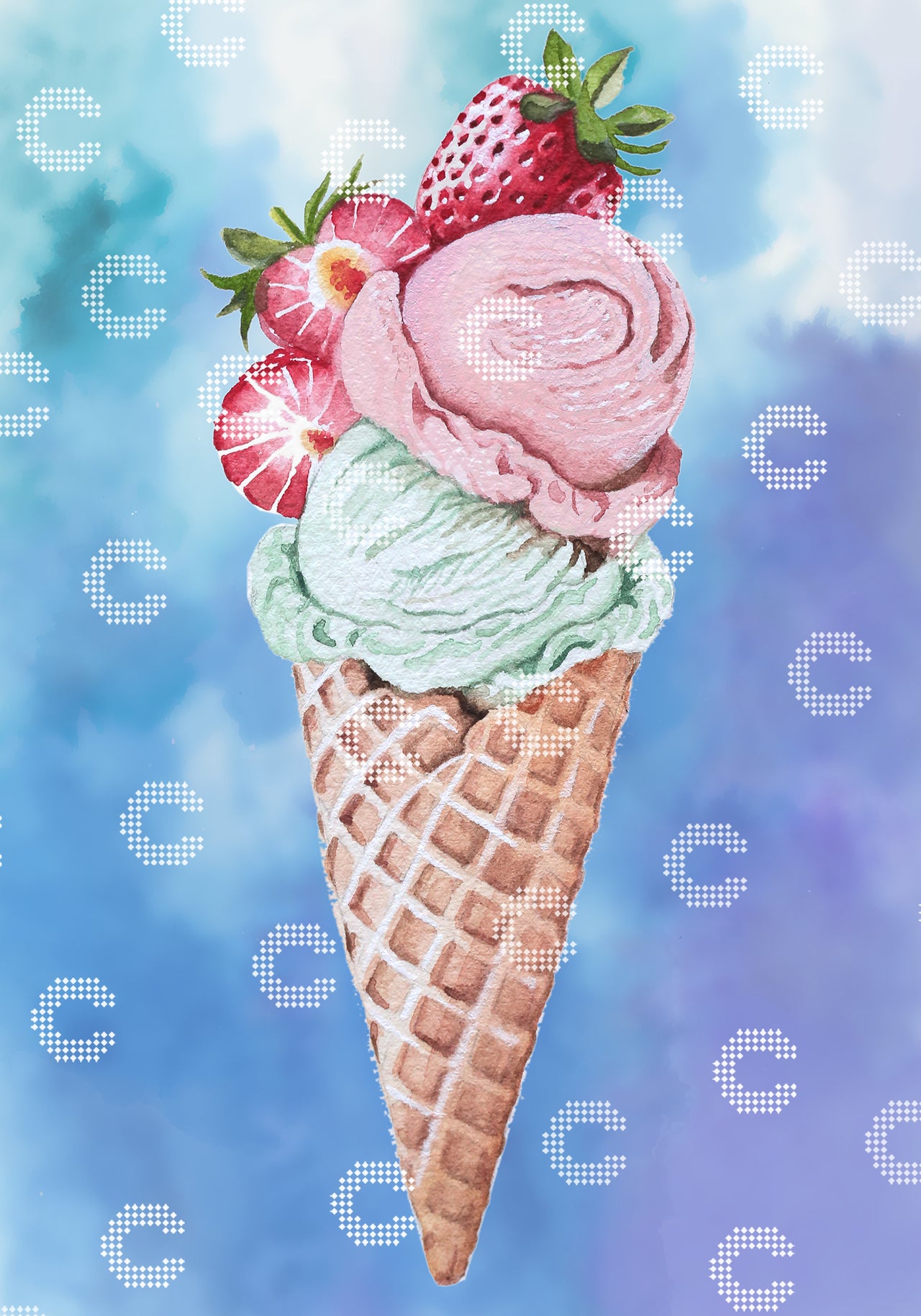 Diamond Painting mit Erdbeer- und Pistazieneis, garniert mit frischen Erdbeeren in einem Waffelhörnchen vor einem strahlend blauen Himmel
