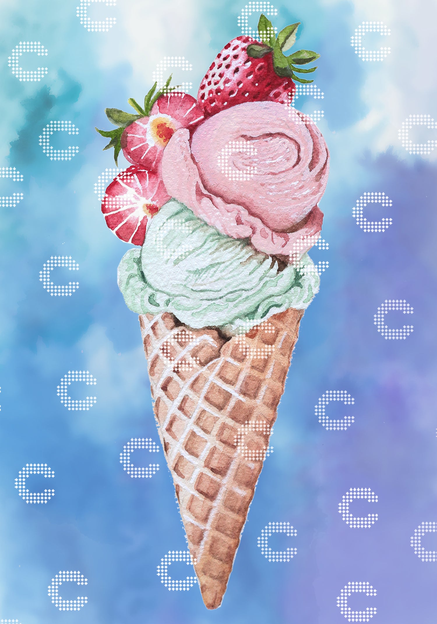 Diamond Painting mit Erdbeer- und Pistazieneis, garniert mit frischen Erdbeeren in einem Waffelhörnchen vor einem strahlend blauen Himmel