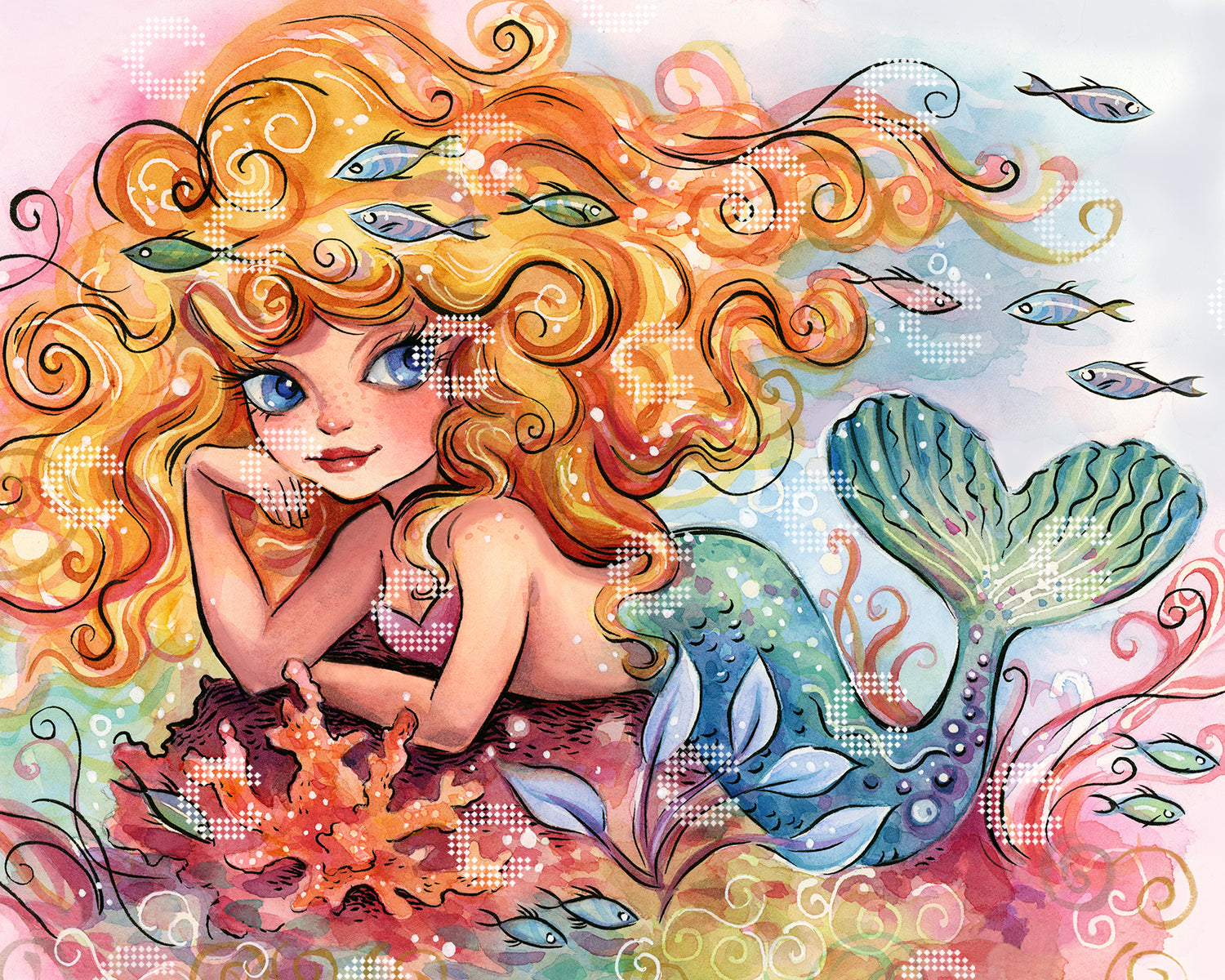 Diamond Painting Original-Kunstwerk mit einer Meerjungfrau mit leuchtend goldenem Lockenhaar, die auf einem Korallenfelsen ruht, umschwommen von kleinen Fischen und umgeben von bunten Pflanzen und Meeresbewohnern