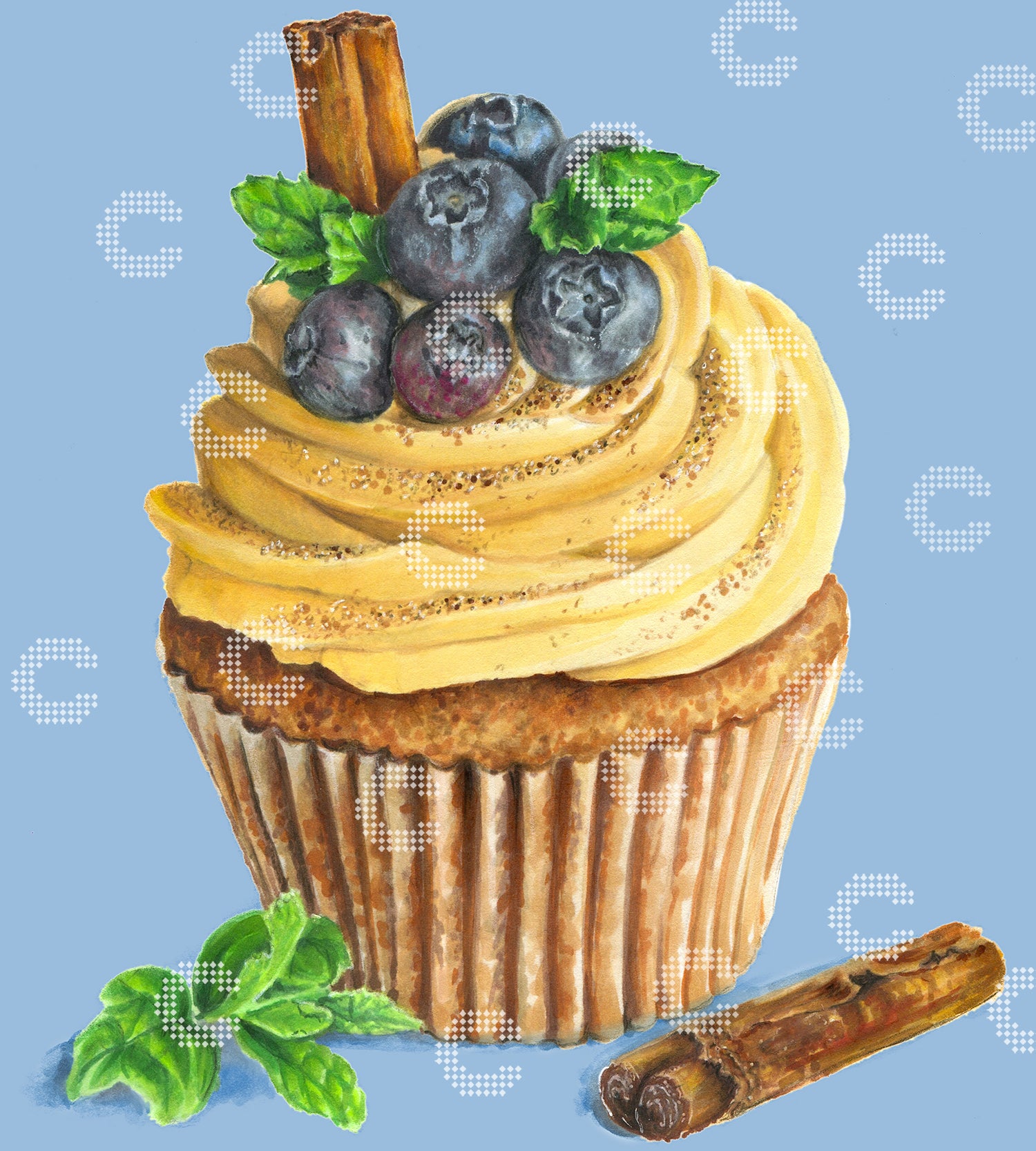 Diamond Painting Cupcake mit Cremehaube, Blaubeeren, Zimtstangen und Minzblättern