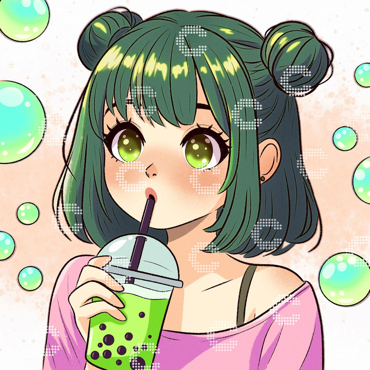 Diamond Painting Original-Bild Mädchen mit pinkem Shirt und grünem Bubble Tea umgeben von großen Seifenblasen