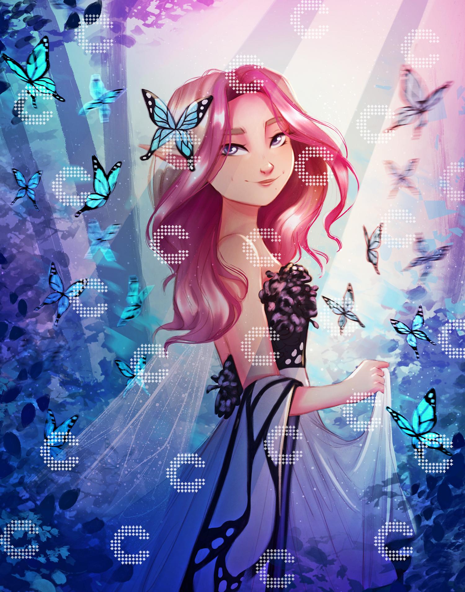 Diamond Painting Schmetterlingskönigin mit langen rosa Haaren und schimmerndem Kleid umgeben von zahlreichen blauen Schmetterlingen im mystischen Wald