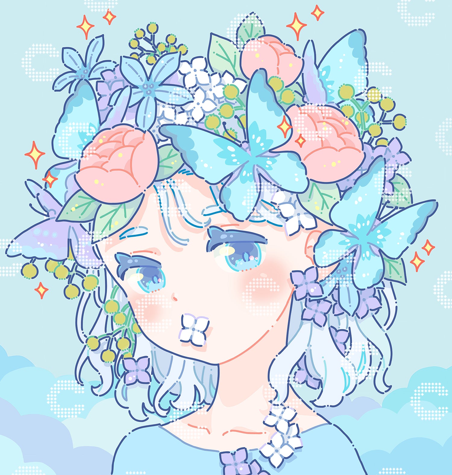 Diamond Painting Mädchen mit Blüten im Haar und Schmetterlingen in zarten Pastelltönen von Hiroko
