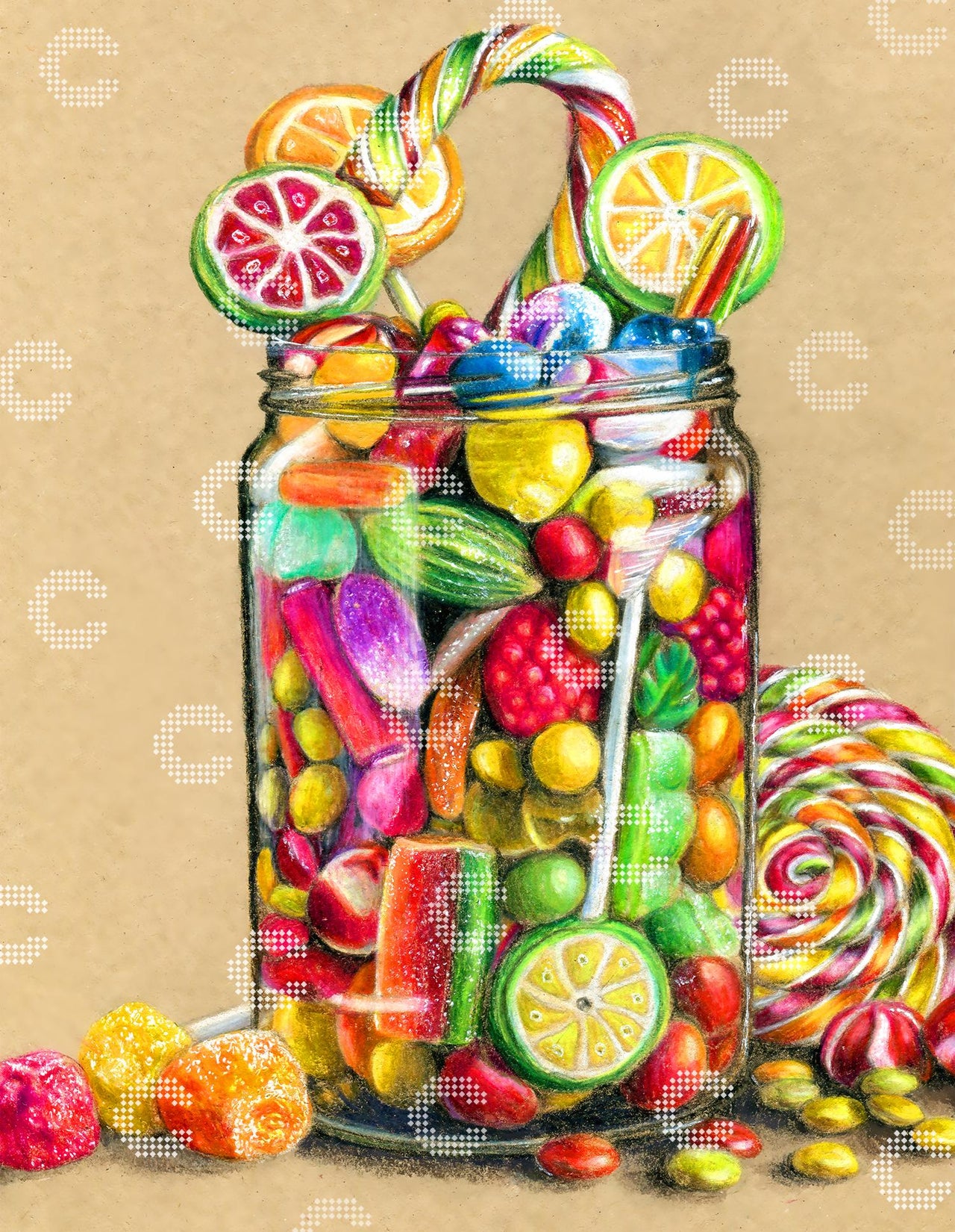 Diamond Painting bunt gefülltes Bonbonglas mit Lollipops, Gummibärchen, Bonbons und Fruchtdrops als fröhliches Süßigkeiten Motiv