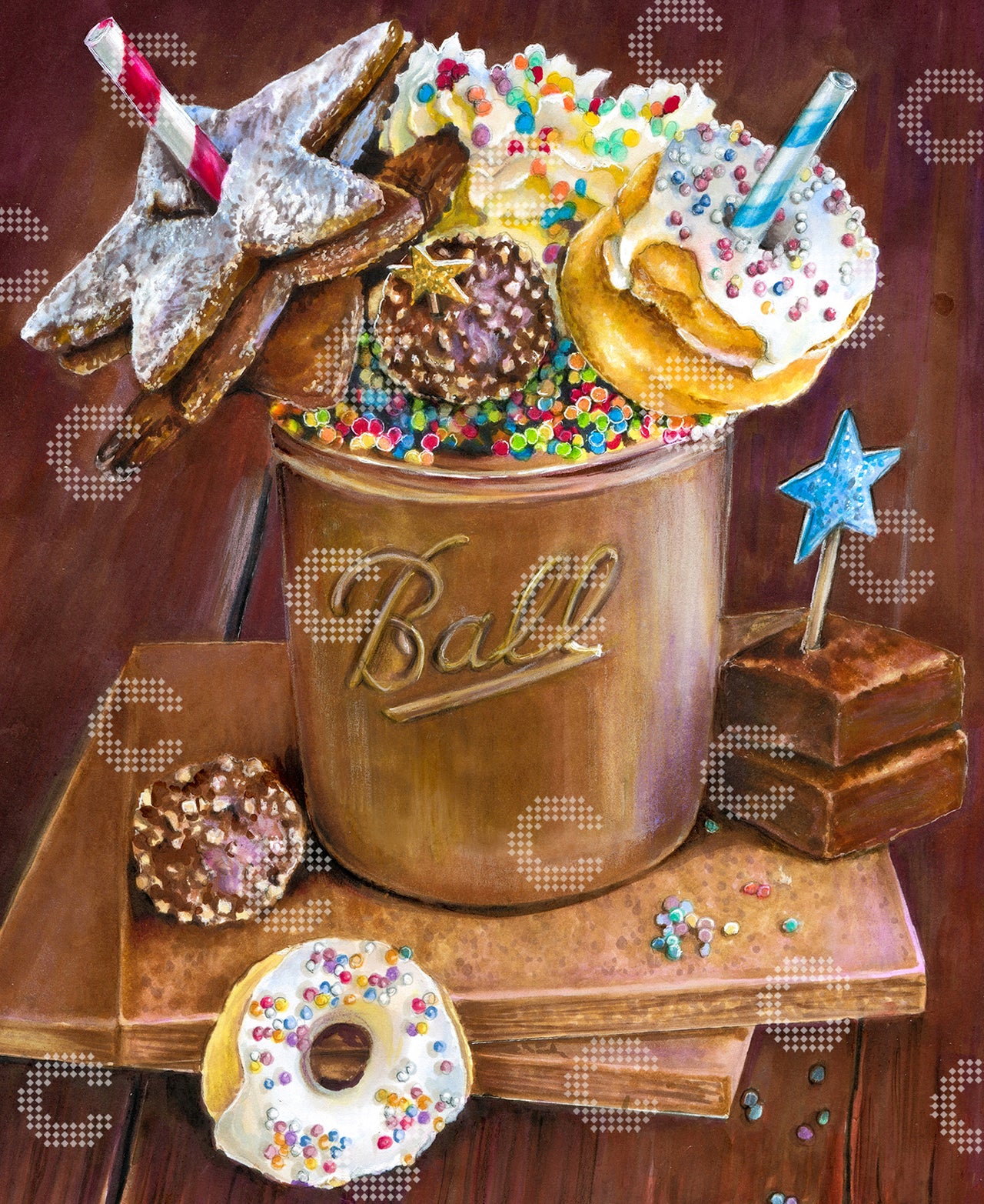 Diamond Painting heiße Schokolade mit Sahne, Donuts, Keksen, Pralinen und bunten Streuseln als gemütliches Wintermotiv