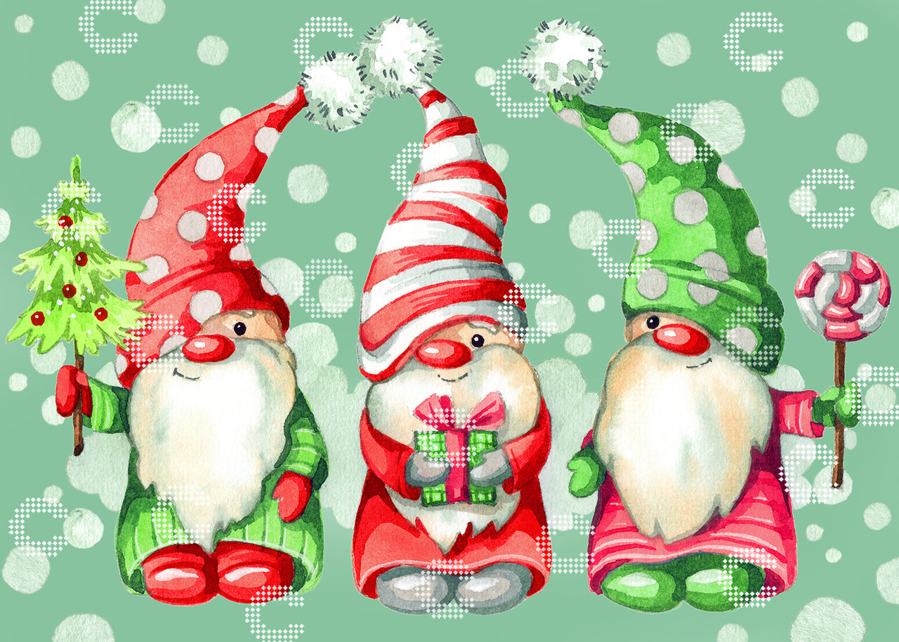 Diamond Painting mit drei süßen Weihnachtsgnomen in rot-weißen und grün-weißen gepunkteten und gestreiften Mützen, die einen kleinen geschmückten Weihnachtsbaum, ein Geschenk und einen großen Lolli am Stiel in den Händen halten