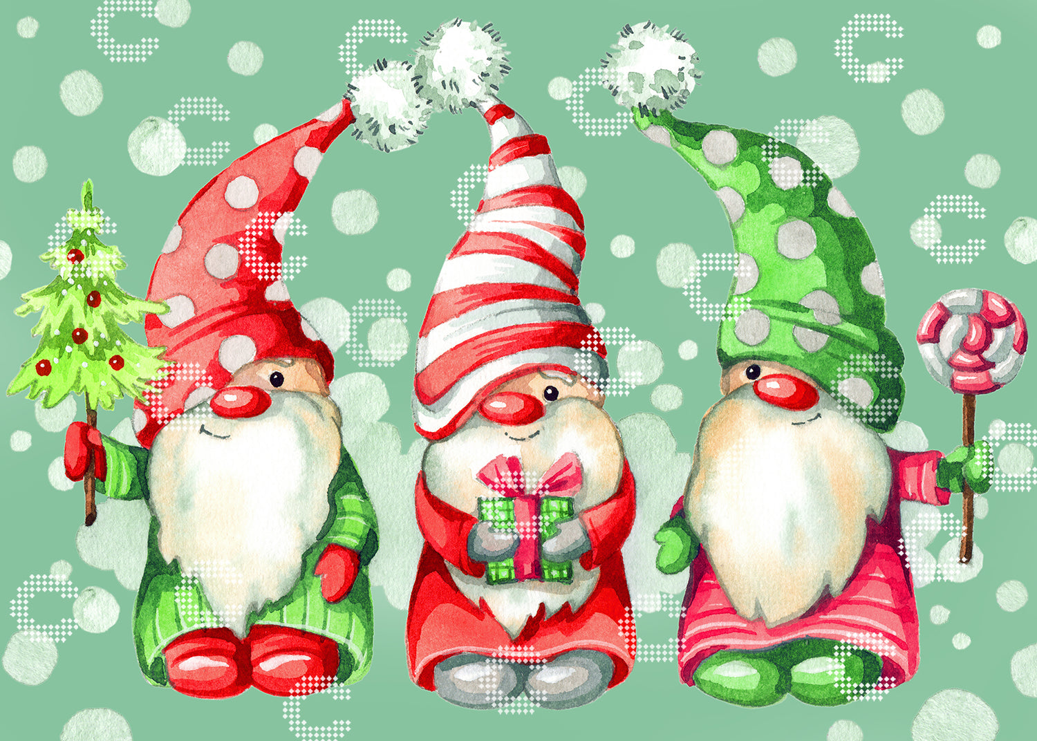 Diamond Painting mit drei süßen Weihnachtsgnomen in rot-weißen und grün-weißen gepunkteten und gestreiften Mützen, die einen kleinen geschmückten Weihnachtsbaum, ein Geschenk und einen großen Lolli am Stiel in den Händen halten