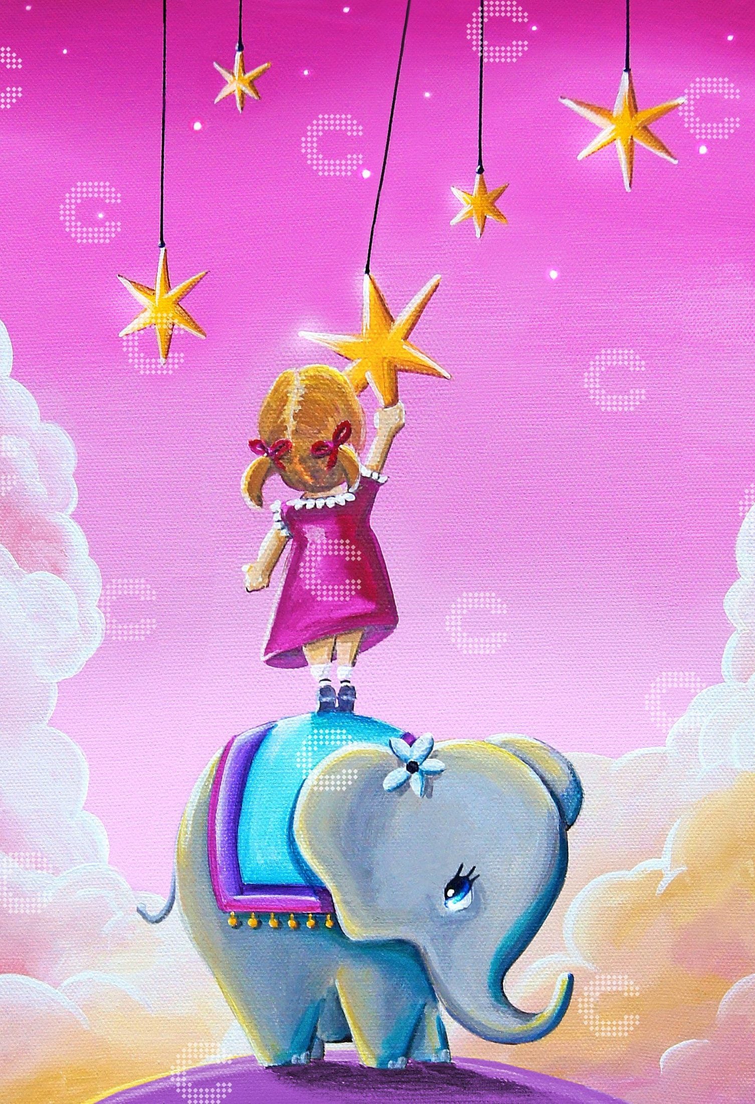 Diamond Painting kleines Mädchen auf einem kleinen Elefanten, das nach funkelnden Sternen greift, vor einem rosafarbenen Himmel mit weißen und goldenen Wolken
