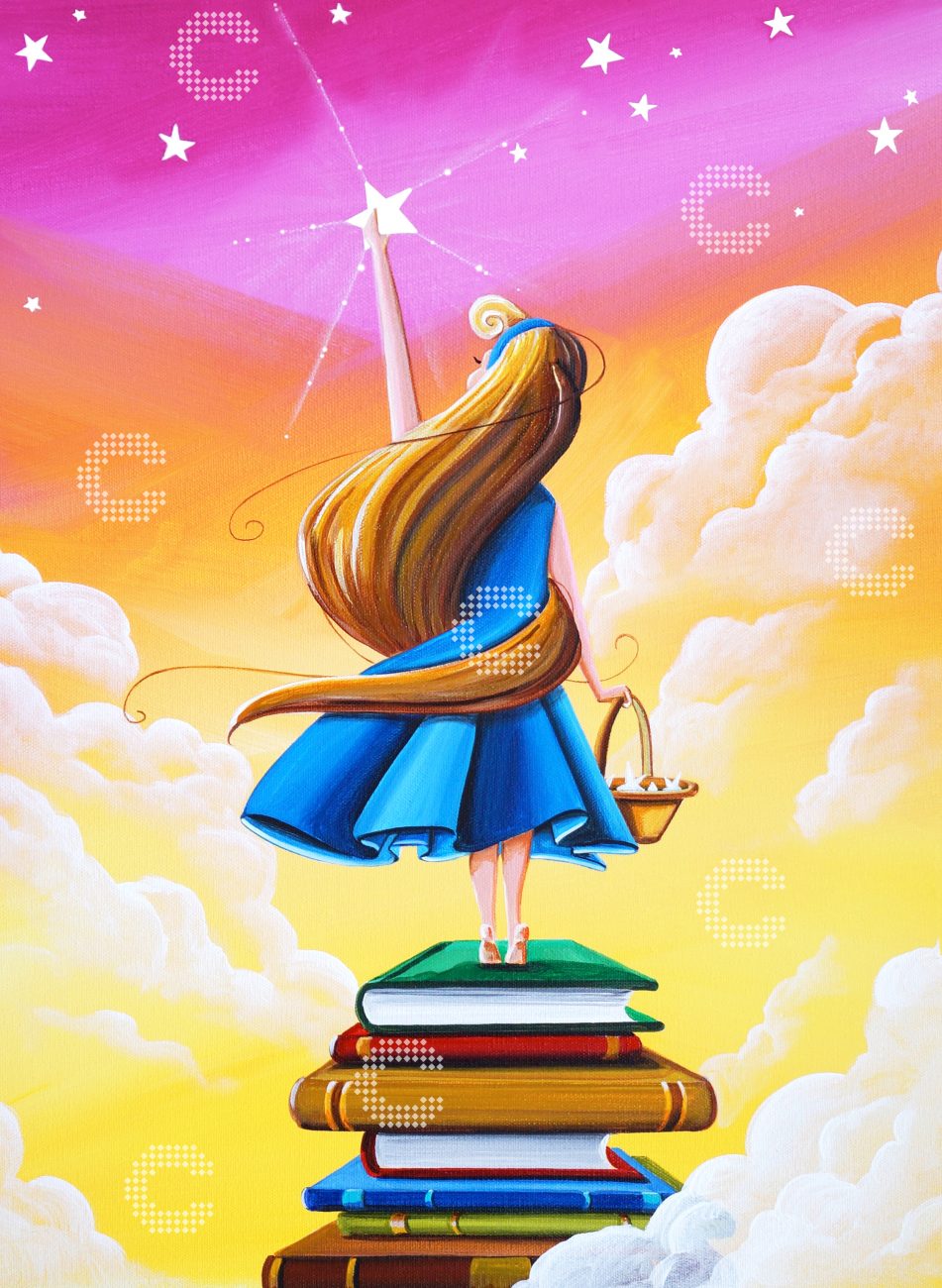 Diamond Painting Mädchen mit langen Haaren und blauem Kleid auf einem Stapel Bücher, das nach einem funkelnden Stern greift, vor einem pink-goldenen Himmel mit weißen Wolken