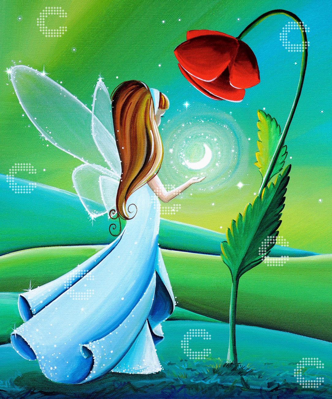 Diamond Painting kleine Fee mit transparenten Flügeln und einem Halbmond in den Händen unter einer großen roten Mohnblume inmitten grüner Hügel und Wiesen