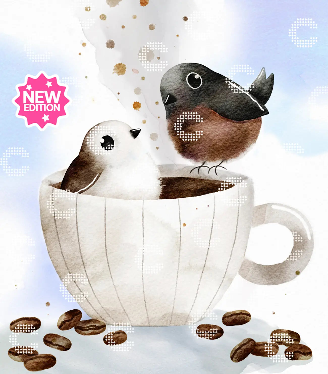 Diamond Painting Originalbild mit zwei kleinen Vögeln in einer Kaffeetasse umgeben von Kaffeebohnen und aufsteigendem Kaffeedampf