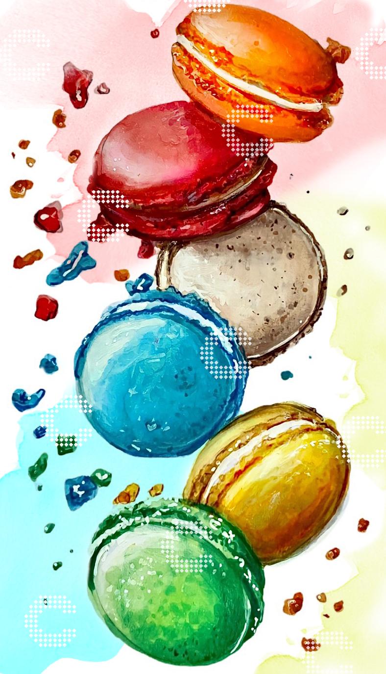 Diamond Painting bunte Macarons in Orange, Rot, Beige, Blau, Gelb und Grün mit bunten Krümeln