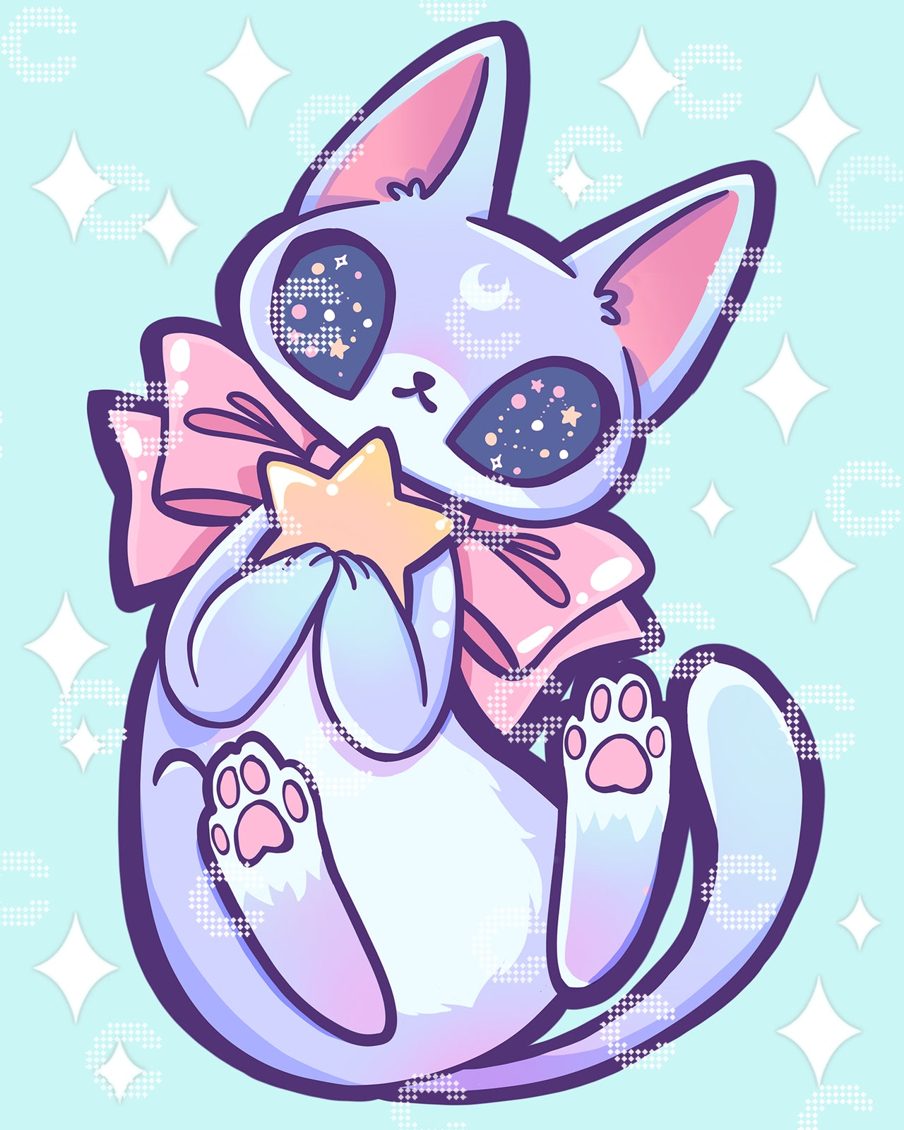 Diamond Painting Katze im Anime Stil mit großen Kosmos Augen, großer Schleife und Stern in den Pfoten