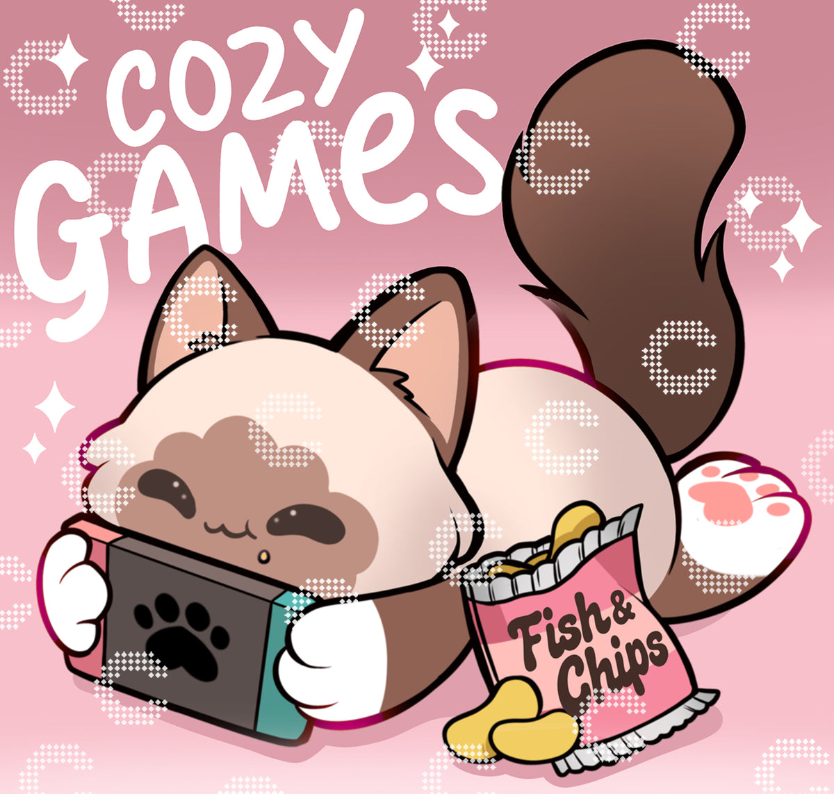 Niedliches Diamond Painting Originalmotiv mit einem kleinen Kätzchen, das einen Controller in den Pfötchen hält und Snacks neben sich liegen hat und mit Schriftzug „Cozy Games“