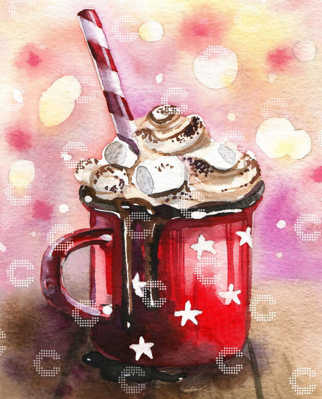 Diamond Painting rote Tasse mit weißen Sternen, heißer Schokolade, Sahne und Marshmallows