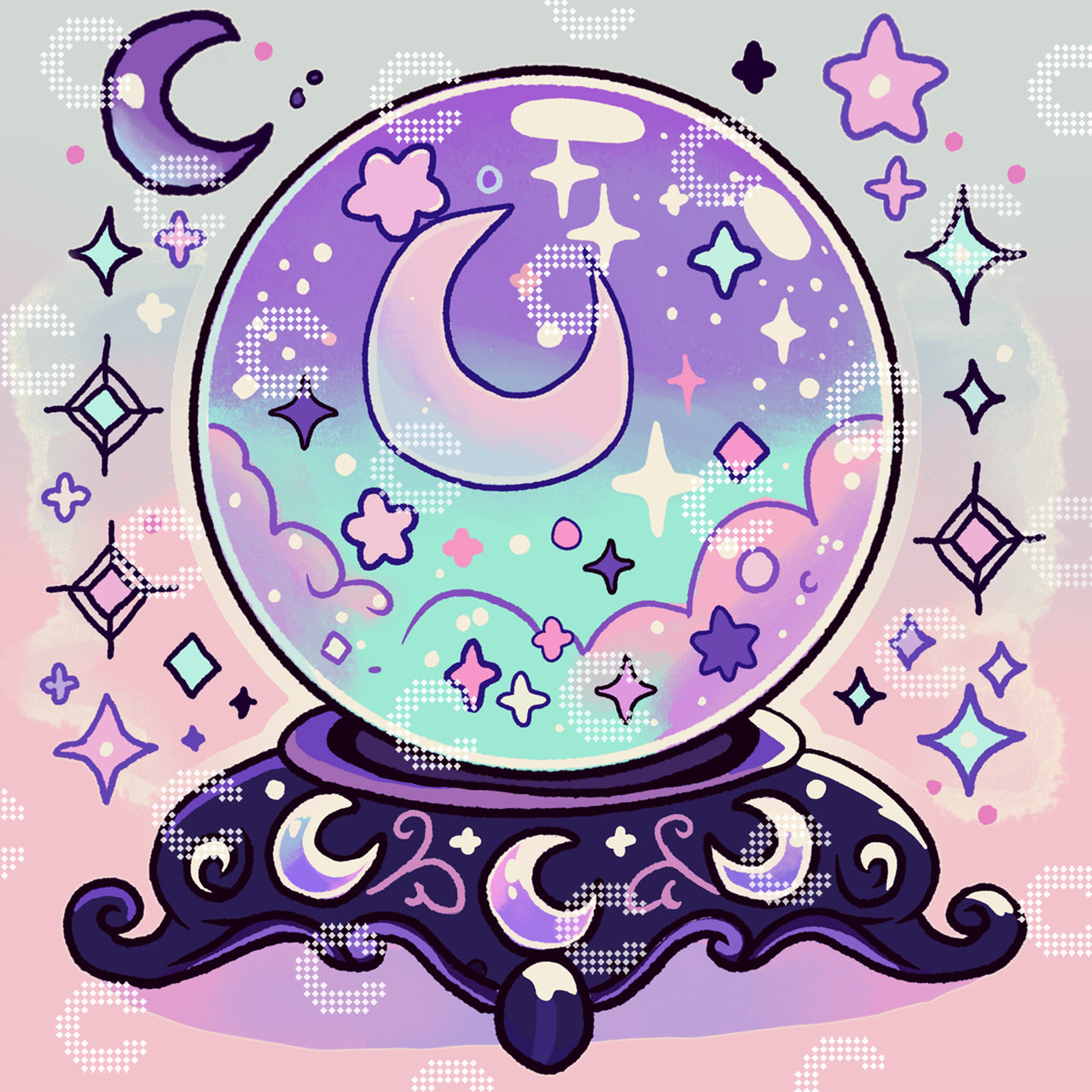 Diamond Painting Original-Bild mit einer faszinierenden Kristallkugel auf einem kunstvoll verzierten, verschnörkelten Sockel mit Beinen, in deren Innerem sich Wolken, Mond und Sterne befinden, umgeben von Glitzersternen und magischem Funkeln