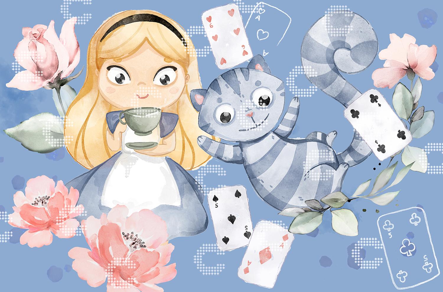 Diamond Painting Alice im blau-weißen Kleid mit Teetasse und grinsender Cheshire-Katze, umgeben von Spielkarten und zarten Blüten