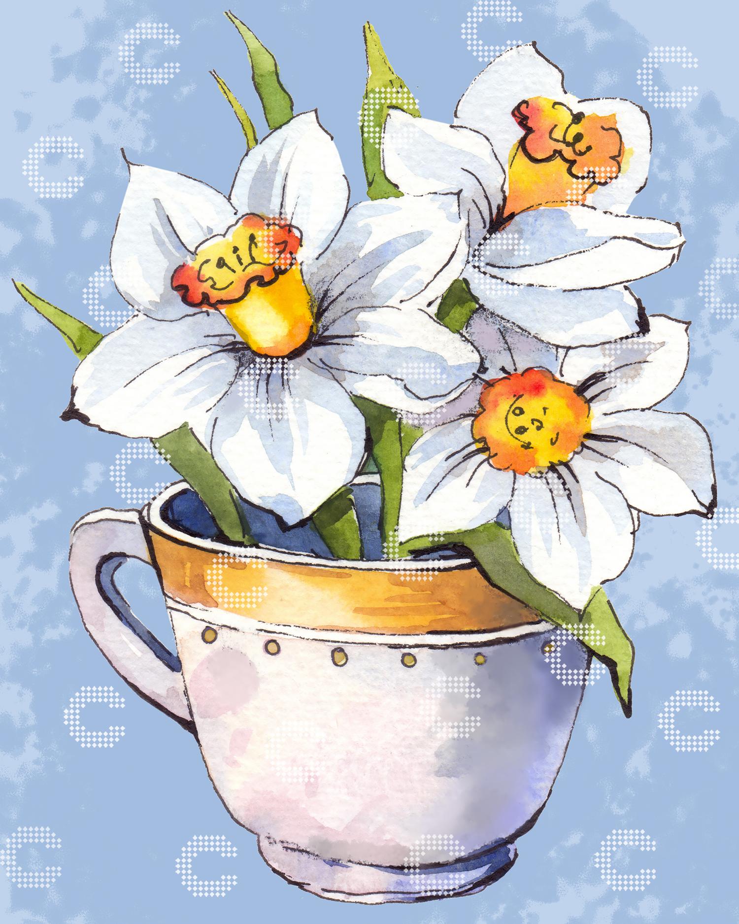 Diamond Painting zarte weiß-gelbe Narzissen, stimmungsvoll in einer weißen Tasse mit gelbem Rand arrangiert