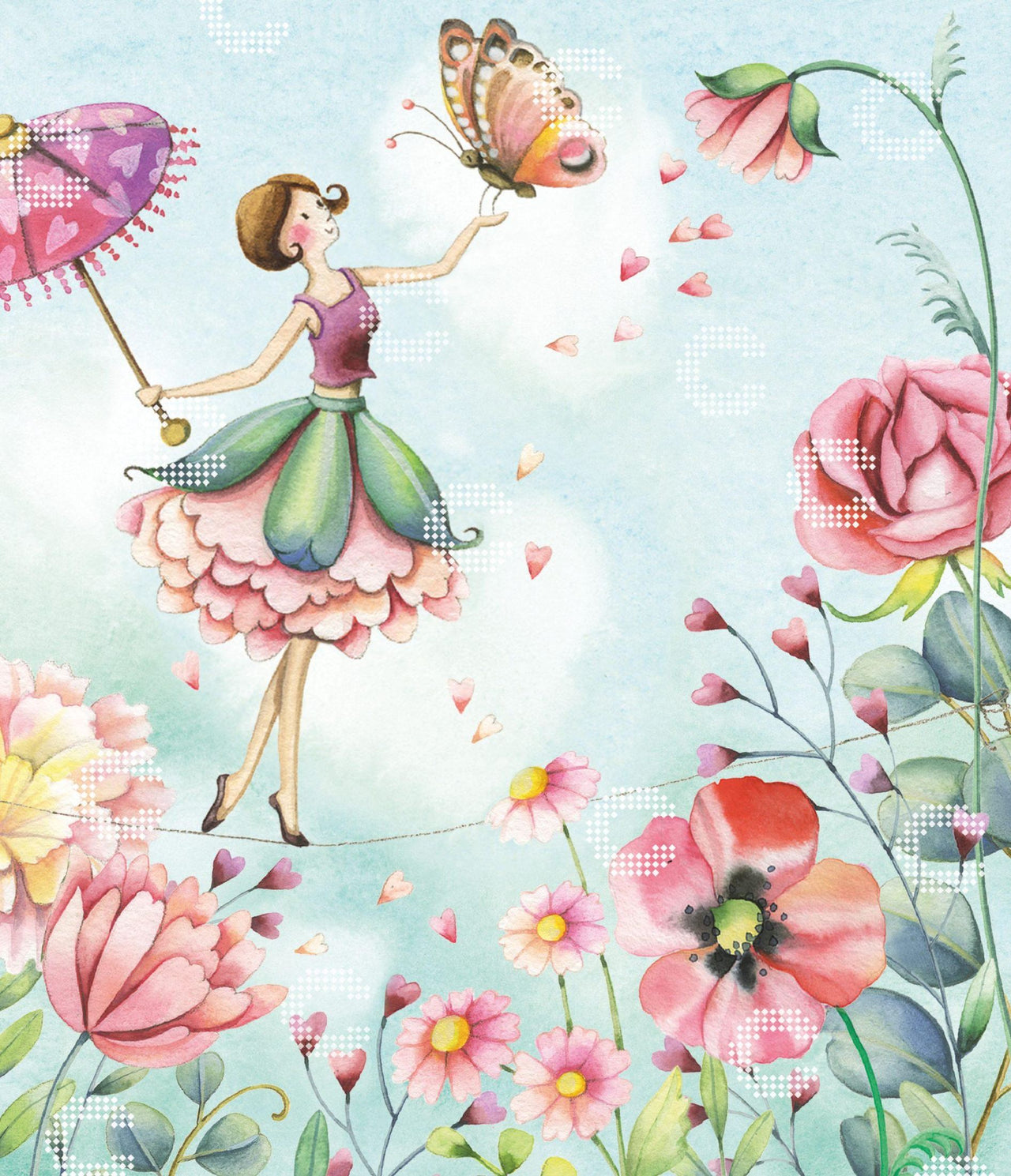 Diamond Painting kleine Blumenballerina auf einem Seil zwischen zwei Blumen mit großem Schmetterling auf der Hand