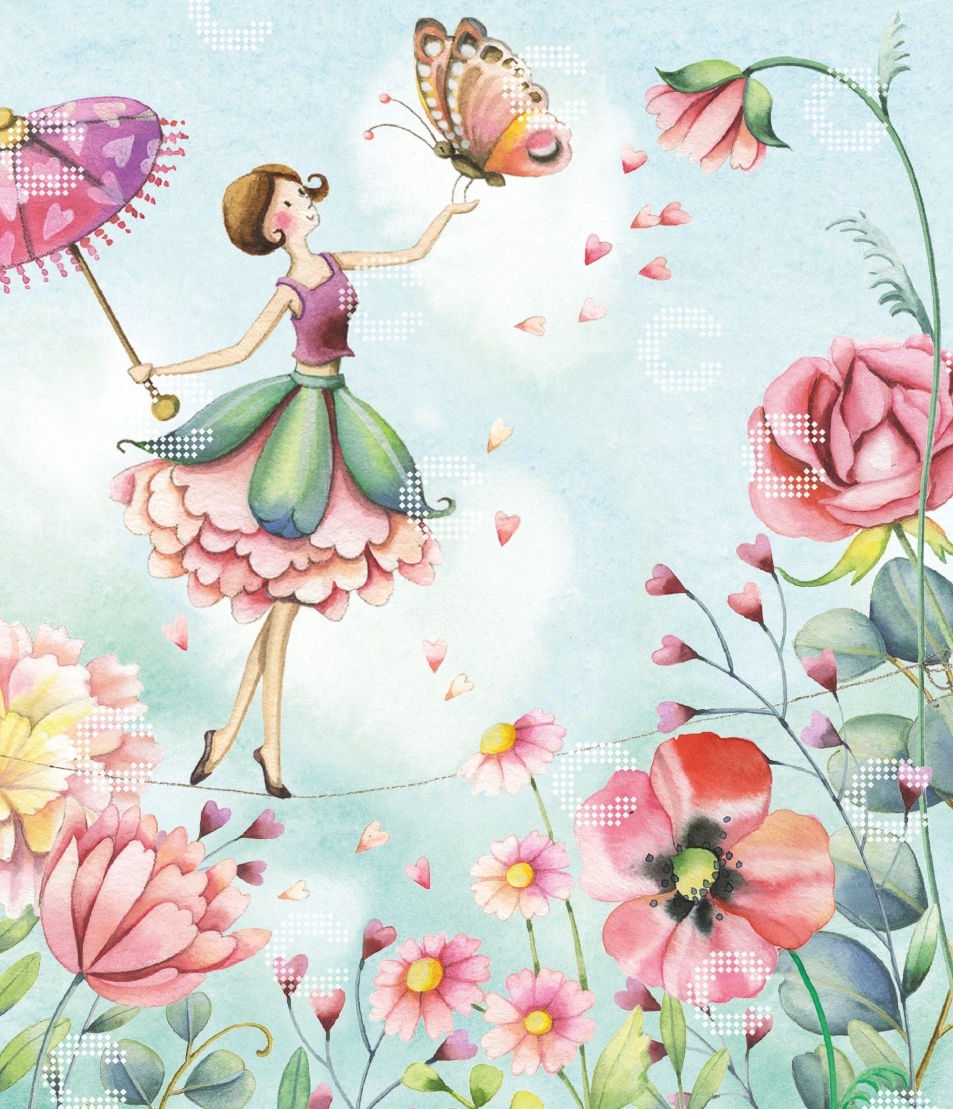 Diamond Painting kleine Blumenballerina auf einem Seil zwischen zwei Blumen mit großem Schmetterling auf der Hand