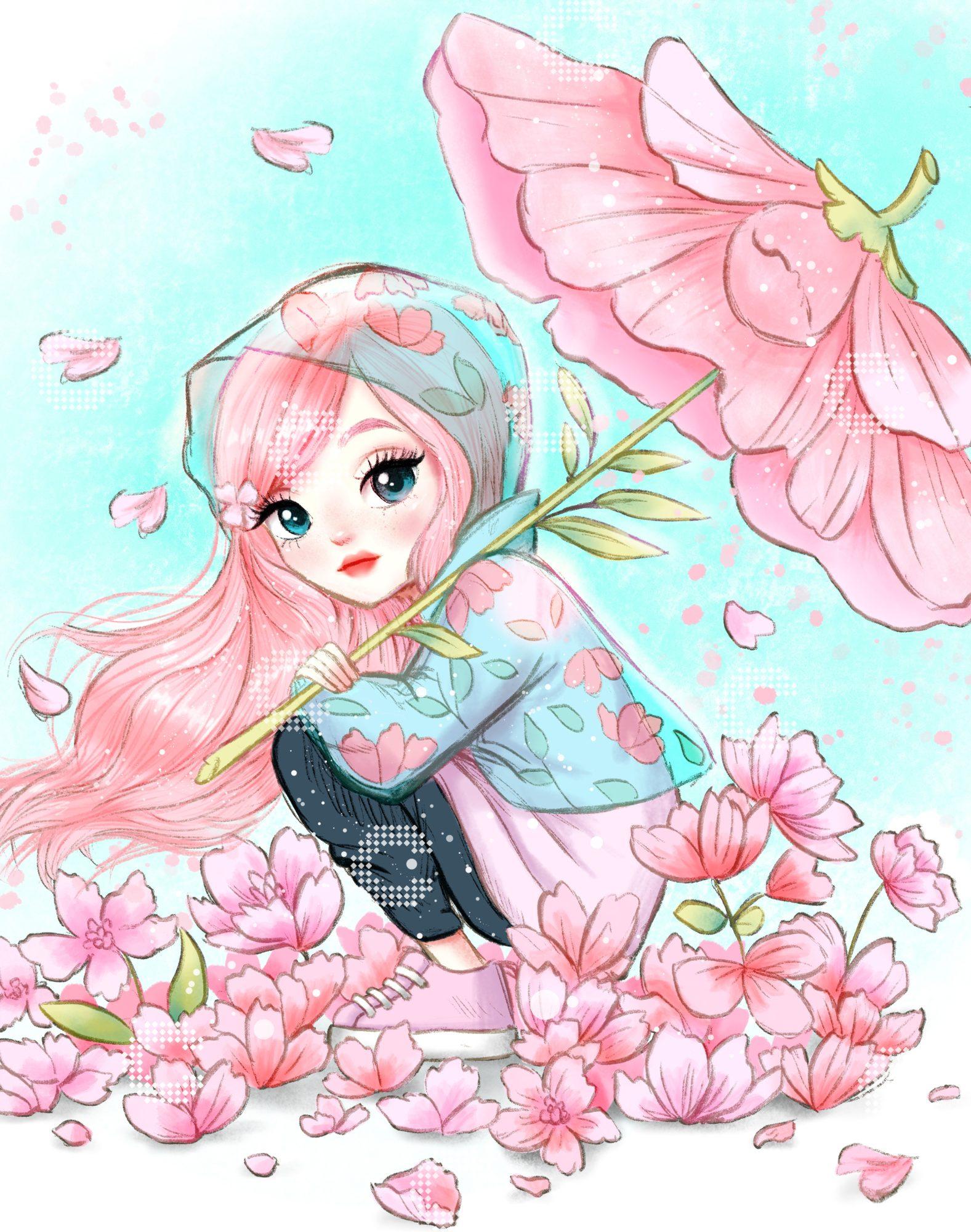 Diamond Painting entzückendes Mädchen im geblümten Regenmantel mit rosafarbenem Blütenschirm, umgeben von unzähligen rosa Blütenblättern und Blumen in zarten Rosa- und Türkistönen