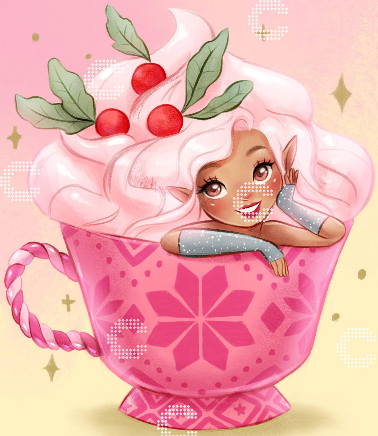 Diamond Painting niedliche kleine Heiße-Schokoladen-Elfe in einer gemusterten Tasse, mit Preiselbeeren im Sahnehaar, die kokett in ihrem Schokoladenbad sitzt