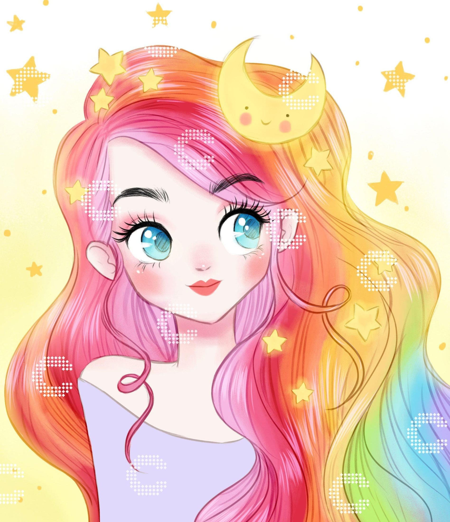 Diamond Painting Mädchenportrait mit farbenfrohen Regenbogenhaaren, umgeben von einem strahlenden Mond und funkelnden Sternen