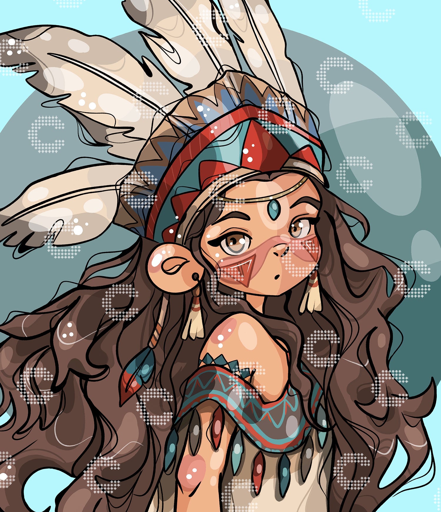 Diamond Painting Indianer Mädchen mit langem, braunem lockigem Haar, prächtigem Federschmuck, kunstvoller Gesichtsbemalung und einem detailreich verzierten Kleid mit Ornamenten
