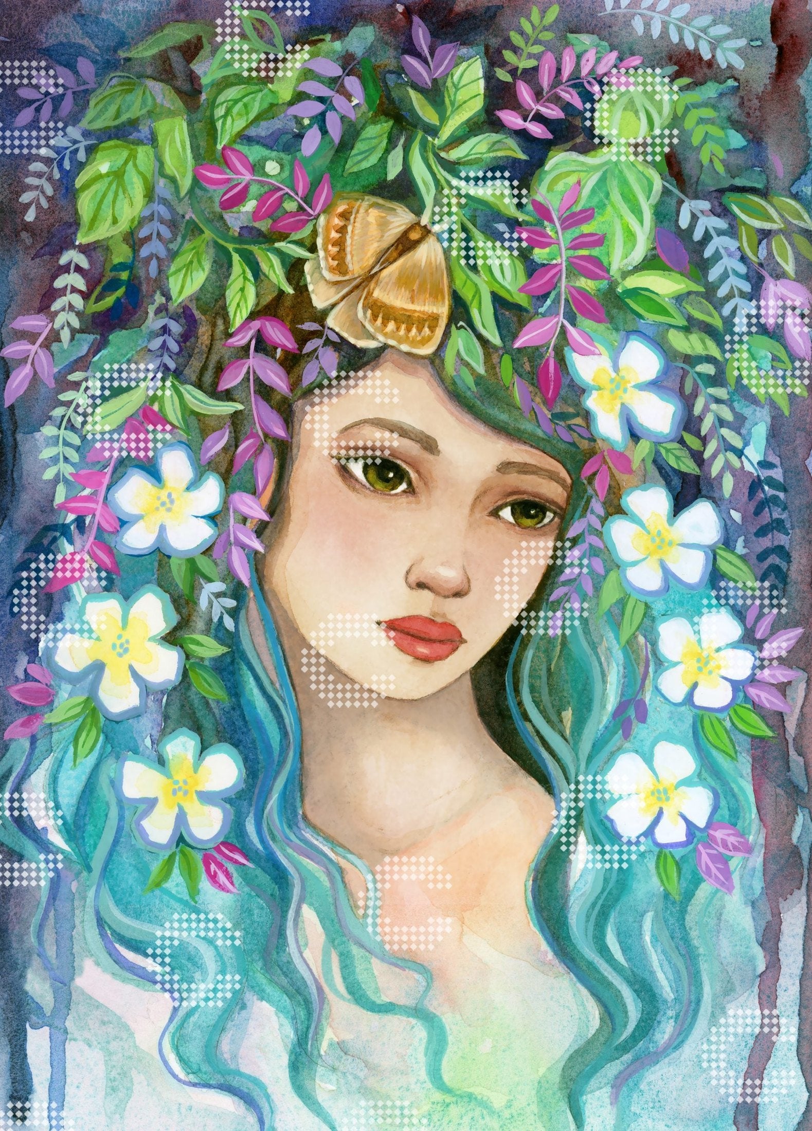 Diamond Painting verträumtes Waldmädchen mit Haaren aus Blättern, Blüten und Ranken, in denen ein kleiner Nachtfalter sitzt