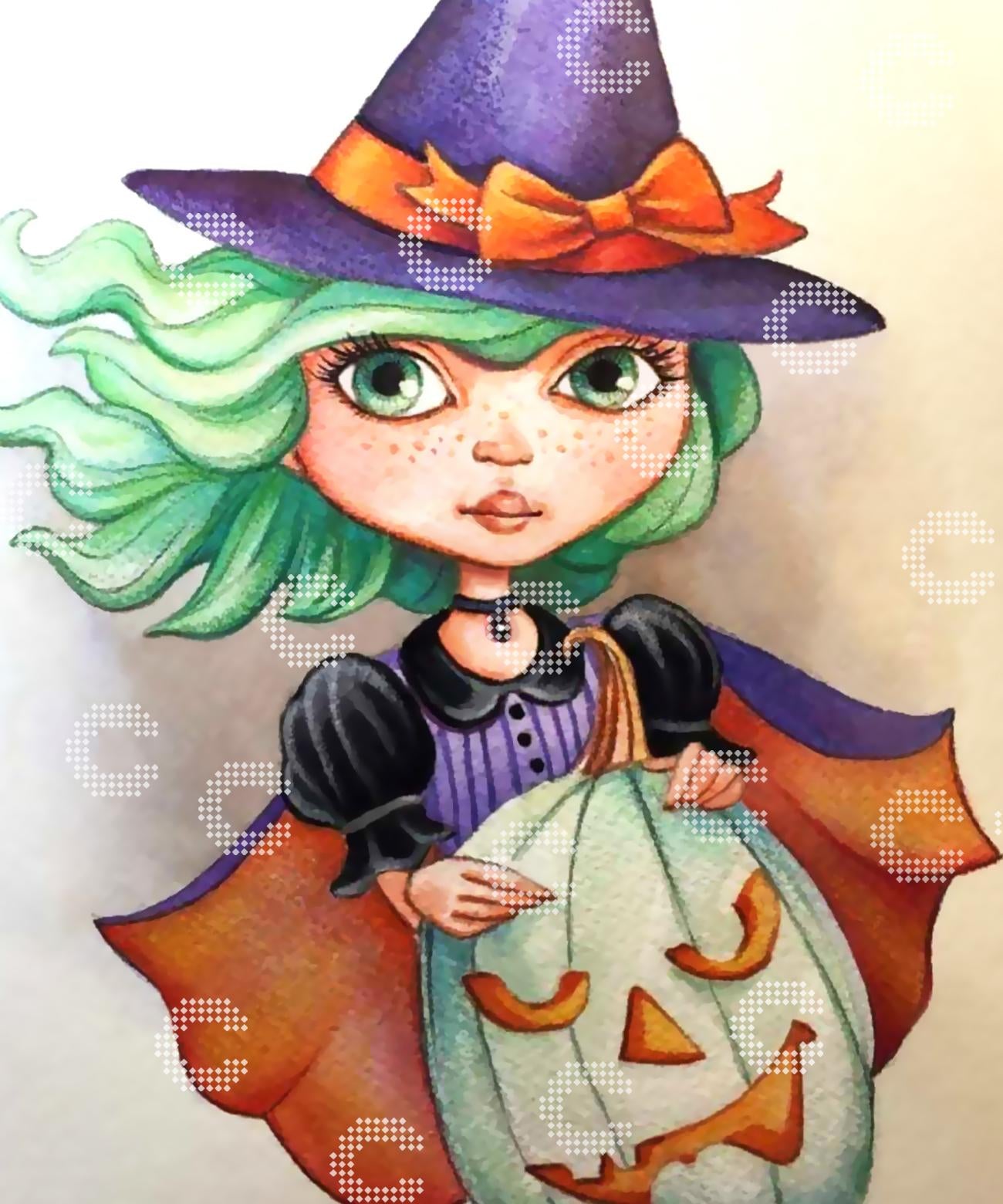 Diamond Painting junge Hexe mit wehenden grünen Haaren, großen grünen Augen, lila-orangefarbenem Hexenhut und passendem Umhang, die einen weißen Kürbis mit geschnitztem Gesicht in den Händen hält