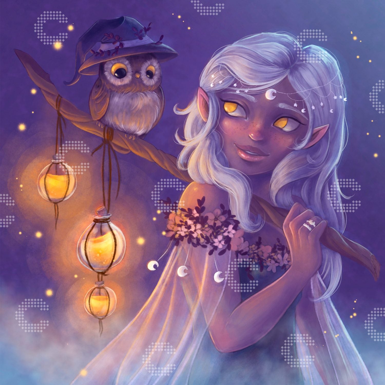 Diamond Painting kleine Nebelfee mit zwei Laternen und einer Eule bei einem geheimnisvollen Spaziergang durch den Nebel