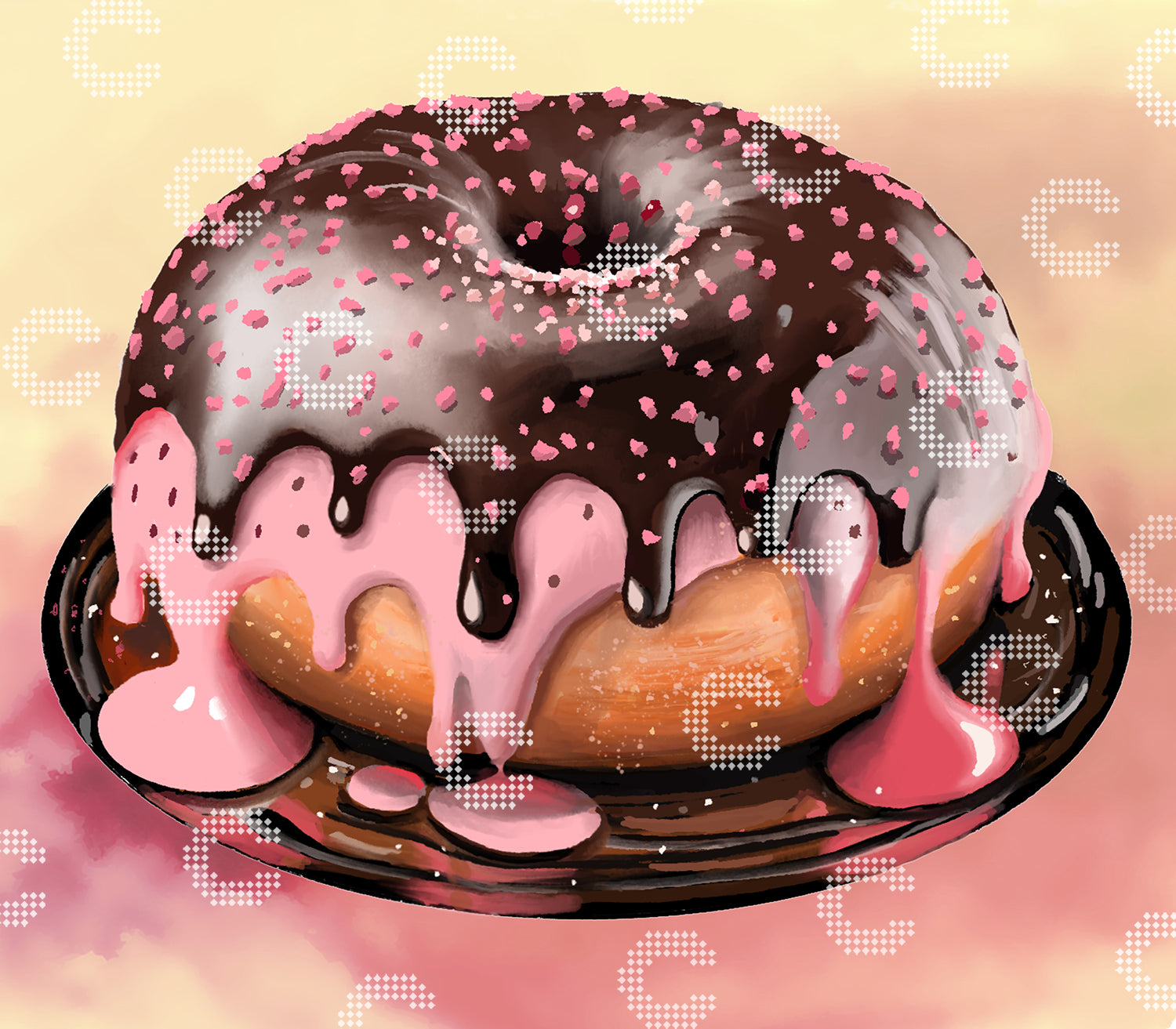Diamond Painting mit einem prachtvollen Donut auf einem dunklen Teller, überzogen mit rosafarbener Erdbeerglasur und darüber glänzender Schokoladenglasur, die beide verführerisch am Donut herabtropfen