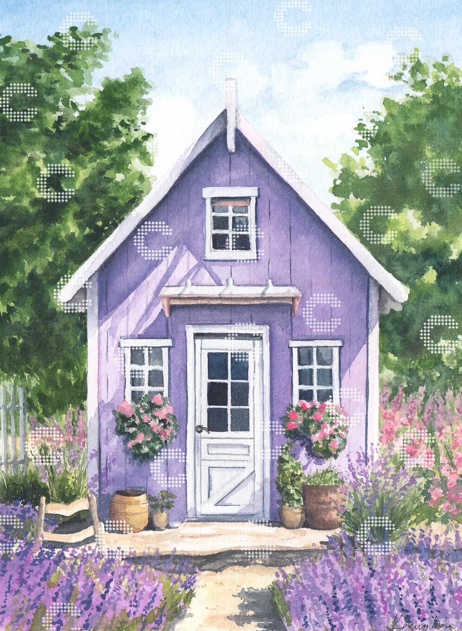 Diamond Painting kleines lila Haus mit weißer Tür und Fenstern inmitten blühender Lavendelfelder und hoher Bäume