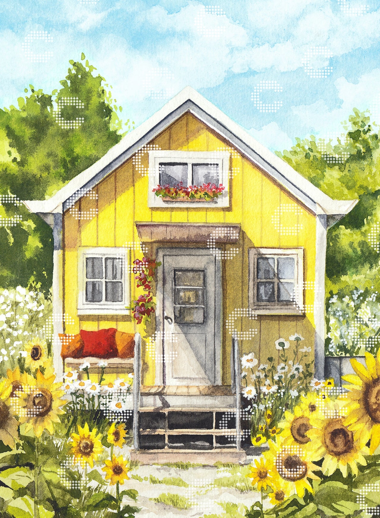 Diamond Painting kleines gelbes Haus inmitten eines leuchtenden Sonnenblumenfeldes im warmen Morgenlicht vor blauem Himmel