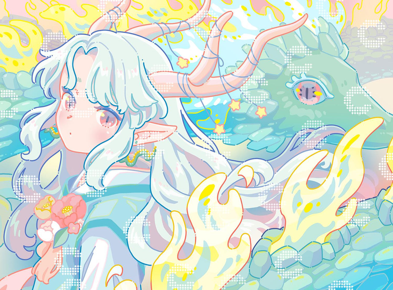 Diamond Painting von Hiroko mit majestätischem Drachen mit funkelnden Schuppen, elfischer Begleiterin mit Geweih und magischen Flammen in Pastellfarben