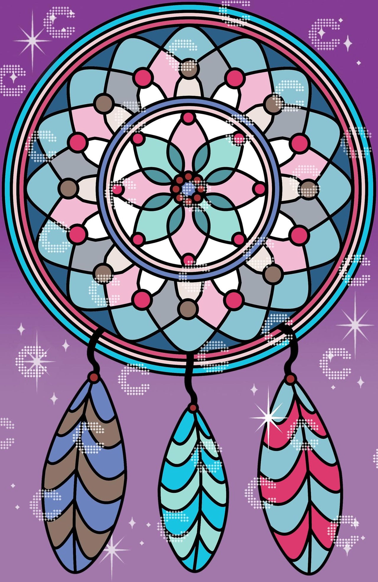 Diamond Painting Traumfänger im kunstvollen Mandala-Design mit drei dekorativen Federn